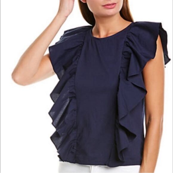 J Crew Navy Blue Ruffle Front Top G5502 Preppy Cotton Blouse Extra Small Shirt - Picture 12 of 12